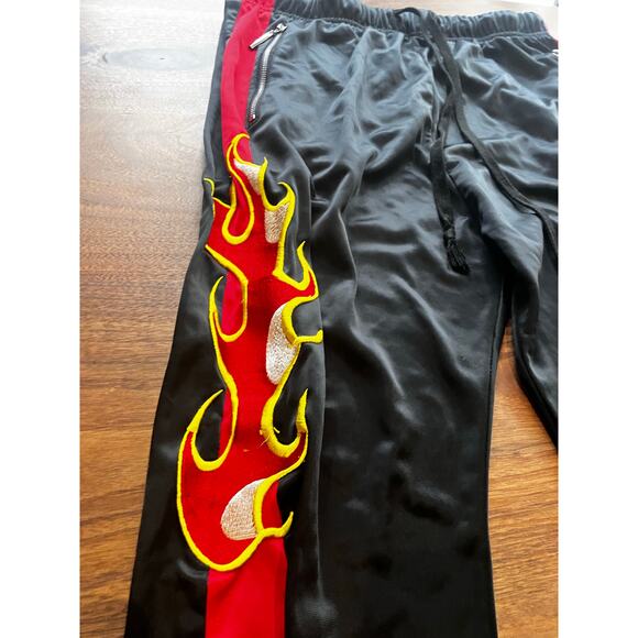 American Stitch Men's Track Pants Small Black Red Flames Drawstring Sweatpants - Picture 3 of 9